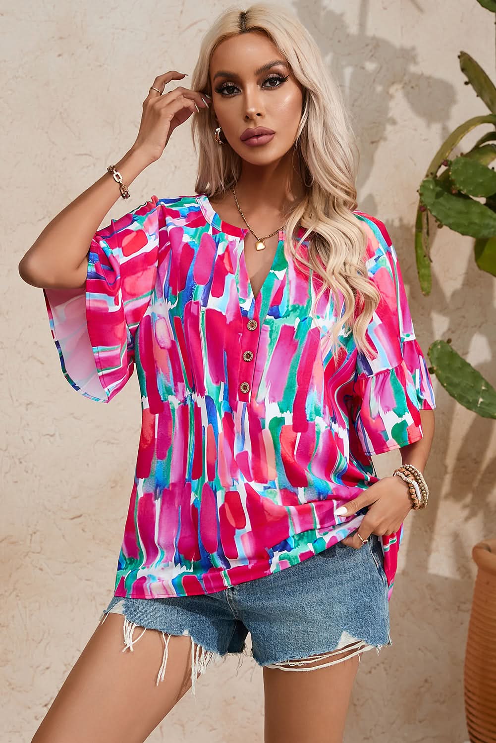 Rose Abstract Brushwork Print Buttoned V Neck Blouse - Love Salve